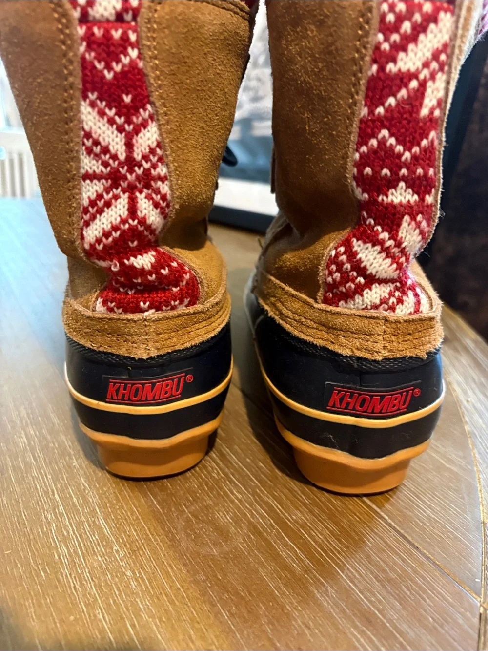 Khombu Tan and Navy Waterproof Winter Duck Boots with Red Knit Collar
